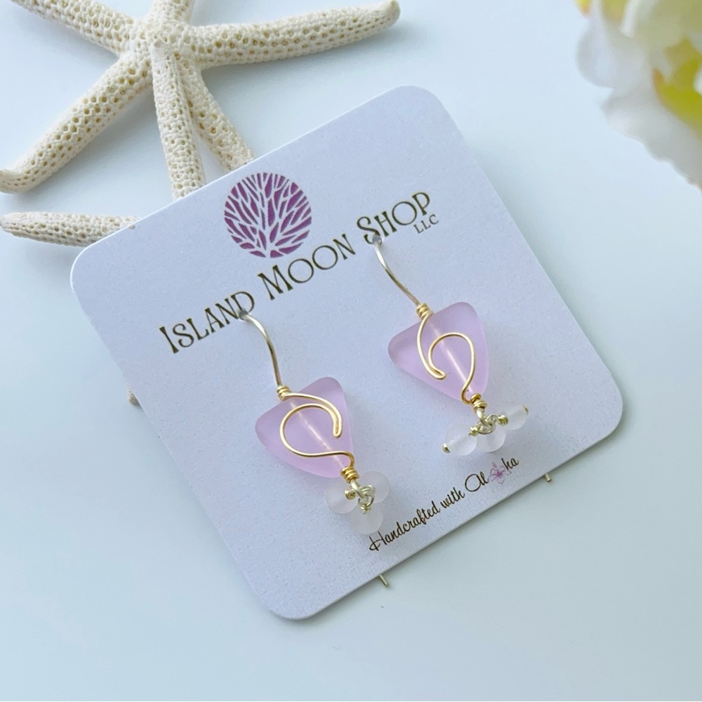 Boho Chic Pink Sea Glass Earring Ocean Wave Handmade Coastal Statement Jewelry